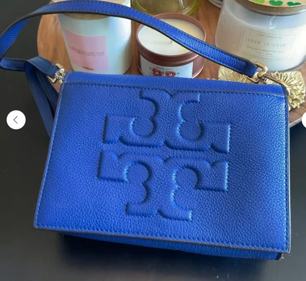 Tory Burch Bombe T Combo Crossbody Bag Royal Blue Pebbled Leather Clutch Flap